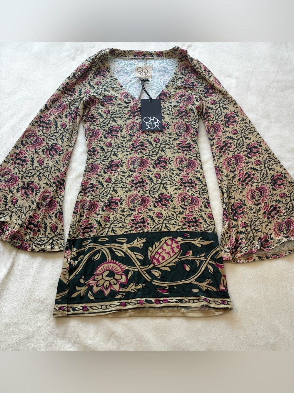 NWT Chaser Tapestry Bell Sleeve Mini Dress Boho Festival Hippie XS